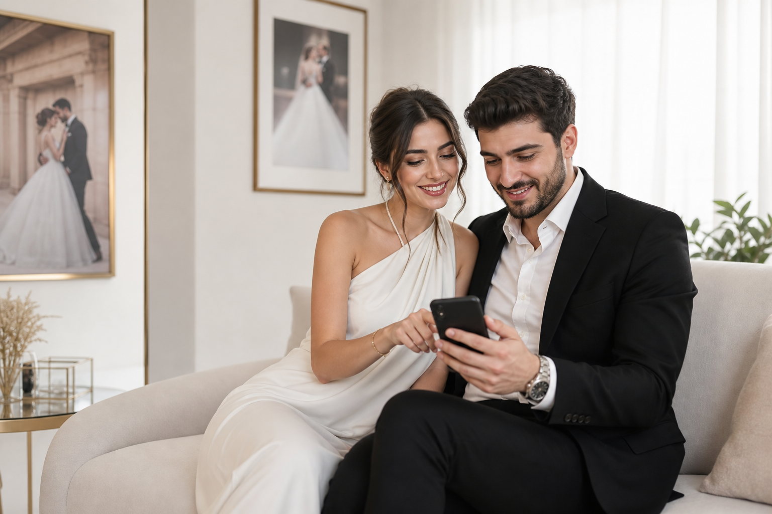 Telefondan fotoğraflarını seçen çift